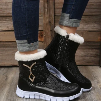2022 Botas De Inverno De Calçados Femininos Sólido Plano De Pelúcia Quente De Neve Bottes Mulheres Tênis Zíper Inverno Tornozelo Botas Casuais Sapatos De Mulher