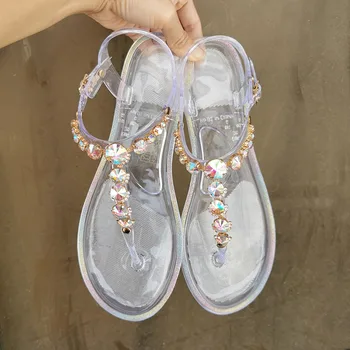 2022 Nova De Praia No Verão Designer De Sapatos De Mulheres Sandálias Flat Mulher Sapatos Claro Jelly Shoes Diamante Transparente Exterior De Senhoras Sandálias