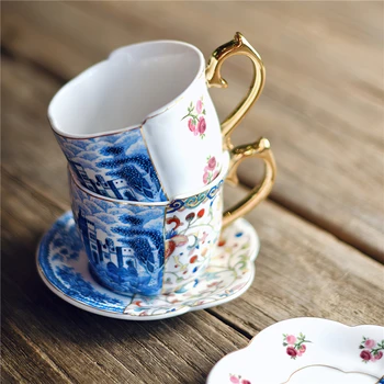 Cerâmica Xícara de Café, um Pires de Caixa de Presente de Estilo Chinês Criativo de Correspondência de Cores Xícara (chá) Conjunto Azul e a Branca da Porcelana Alça da Caneca de Água