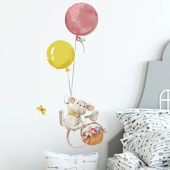 Dos desenhos animados do rato de balão cesta de flores pássaro quarto de criança varanda parede de embelezamento decorativos, adesivos de parede decoração da casa