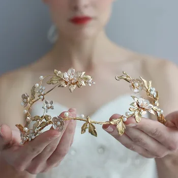 Cor De Ouro Folha De Casamento Floral Tiara De Cabelo Coroa De Strass Acessórios Artesanais De Noiva Cabeça De Mulheres Do Partido Capacete