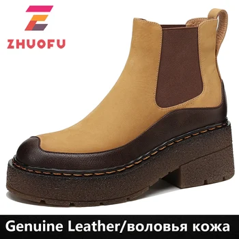 ZHUOFU 2023 Mulheres Chelsea Boots de Couro Genuíno Nova de Outono, Moda de Inverno para Mulheres Ankle Boots Retro Marton Botas de Senhoras