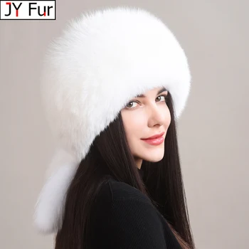 Inverno Verdadeira Pele de Raposa Chapéus Para Mulheres Inverno russo Elegante Grossa Quente Gorro de mulheres de Chapéu Naturais Macias Peles Caps Com Cauda