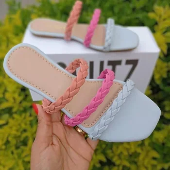 2022 Verão de Sapatos femininos de Cabeça Quadrada de Fundo Plano de Tecido Oco Senhoras Slides de Tamanho Grande, Cor de Correspondência de vestuário Exterior de Praia, Chinelos de quarto