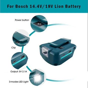 Para a Bosch 14,4 V/18V Leão de Bateria, adaptador de LED lâmpada do Tipo c Porta USB Holofotes ao ar livre Lanterna adaptador de Bateria