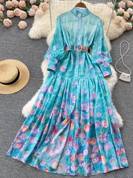 Moda da primavera Verão Pista Elegante Flowy Vestido de Chiffon Mulheres Breasted Único Impressão Boho Festa de Vestido Longo N6875