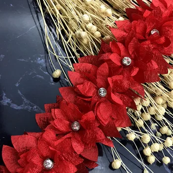 1 jarda Vermelho Laço de Fita Pérola Diamante 3D Flor Folha de Bordado Guarnição do Laço de Tecido, Costura, Artesanato DIY Para o Traje de Casamento Vestido de Roupas Chapéu de Decoração