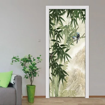 3D Door Mural Adesivo de Parede Pintados a Mão Floresta de Bambu Pássaro Imagem Adesivos de Parede Quarto Sala de estar, Porta de Adesivos de Decoração para Casa