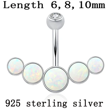 Prata 925 esterlina de umbigo anel branco opala pedras jóias de corpo das mulheres S925 6 8 10 mm do comprimento do pino não alérgica piercing no umbigo