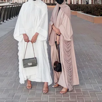 Eid Ramadã Muçulmano Abayas Para As Mulheres Islâmicas Kaftan Dubai, Malásia Abrir Quimono De Cetim Plissado Casual Maxi Manto Árabe Oriente Médio