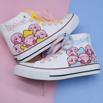 Kawaii Kirby Anime da Série Kirby Mulheres Sapatos de Lona de Alta-Top Pintados à Mão, Flats Sapatos Casal de Estudantes Tênis de Bebê Menina de Presente