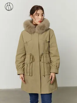 DUSHU Forro Removível, Design de Casaco de Peles, Casacos de Caqui Verde Vestuário de trabalho Fox Fur Collar Jaqueta de 2022 no Inverno com Capuz Quente Mulheres Casacos