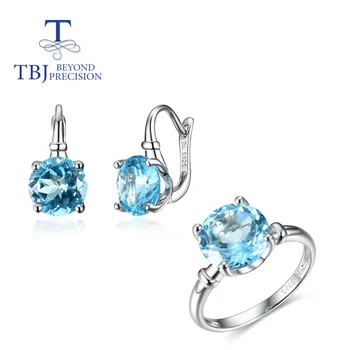 TBJ,Natural topázio azul celeste redonda 10mm anel de pedra preciosa jóia do brinco conjunto S925 prata jóias para as mulheres diariamente o desgaste do partido