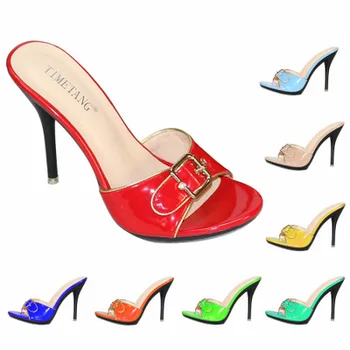 Candy Color Chinelos Mulheres Sapatos Sexy de Couro envernizado com Salto Alto 10,5 CENTÍMETROS Apontou Toe Sandálias Sapatos Mulheres 2019 Feminina de Sapatos de Casamento