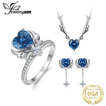 JewelryPalace Asas de Anjo Coração Cut Azul de pedra preciosa da Prata Esterlina 925 Colar Brincos Anel, uma Jóia para a Mulher de Presente