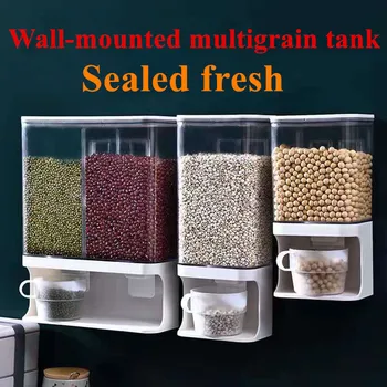 Montado na parede Dividido Arroz de Cereais DispenserPlastic transparente de armazenamento de alimentos secos distribuidor de alimento seco do fruto da caixa de armazenamento para a Cozinha