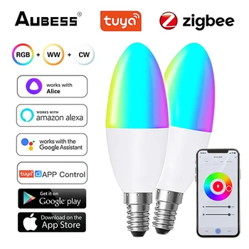 TUYA Zigbee Smart Candelabros Europeu de Luz do Bulbo E14 RGB+CCT 5W Dimmable do DIODO emissor de Luz do Bulbo de Controlo de Voz e de Trabalhar Com Alexa Google Hom