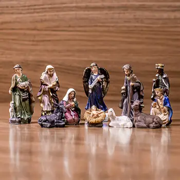 11Pieces Natividade Conjunto Estátua Nascimento de Jesus Ornamento de Miniaturas, Escultura Natividade Figuras da Sagrada Família Figurine Collection
