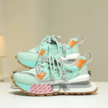 2022 Moda Colorblock de Malha Respirável Desajeitado Botas de Primavera Novo Aumento da Altura do Palmilha Casual Sapatos femininos mulheres tênis