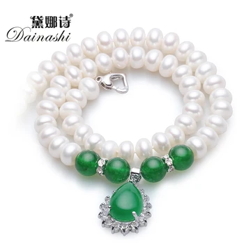 Dainashi para Sempre Clássico Verde ágata com 8-9mm/9-10 mm naturais colar de pérolas de alta qualidade pérola jóias para mulheres