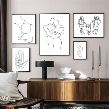Casal Moderno Família De Parede De Anime Cartaz De Imagem Simples, De Mãos Dadas Amante Esboço Linha Em Branco E Preto De Lona Imprime Pintura