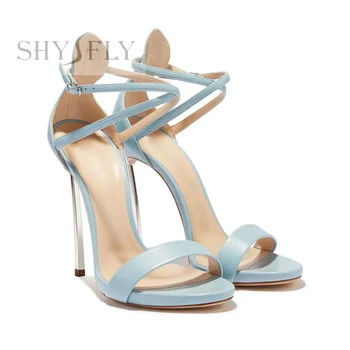 12cm de Salto Alto Elegante das Mulheres de sapatos de Verão, Sandálias 2022 Luz Azul Pulseira de Tornozelo Estiletes Festa de Sapatos Frete Grátis