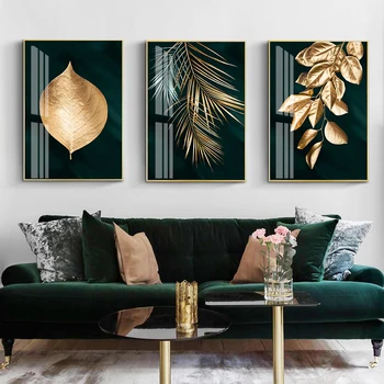 Moderno, o Golden Leaf Plantas Fundo Verde Escuro Pintura da Lona Imprime Arte de Parede do Poster de Imagem para a Sala de Casa Decorativa