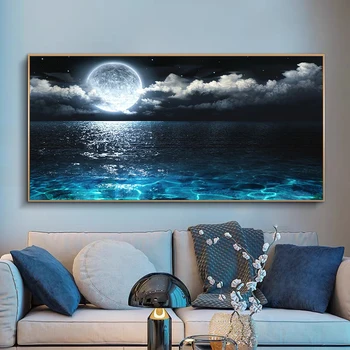 Noite de lua Tela Pintura Paisagem de pôsteres e Impressões Paisagem à beira-Mar de Parede Imagens de Arte para a Sala de Decoração de Casa Cuadros