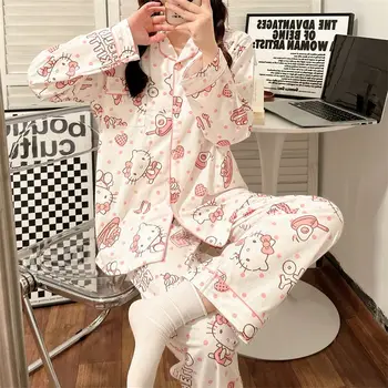 Kawaii Sanrio Outono Fina 2Pieces Pijamas Conjunto Hello Kitty, My Melody Home Roupas de Verão Femme Camisola dos desenhos animados de Impressão