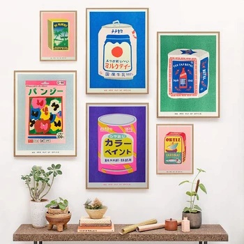 Japão Leitoso Chá Sardinha Em Lata Pansy Arte De Parede Pintura Palmtree Caixa De Fósforos Cartaz Embalados Risograph Imprimir Fotos De Decoração De Cozinha