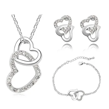 Cristal AAAA+ strass Duplo pingente de Coração colar braceletes brincos de moda conjuntos de Jóias da marca de casamento rop 