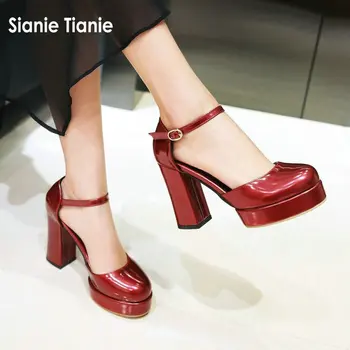 Sianie Tianie 2020 verão primavera plataforma bloco de salto alto sapatos para as mulheres patente PU pulseira de fivela mulher sandálias de grande tamanho 45 46