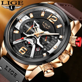 LIGE Homens Novos Relógios de Marca Top de Couro de Luxo Cronógrafo Relógio do Esporte Para homens Moda Data Impermeável Relógio Relógio Masculino