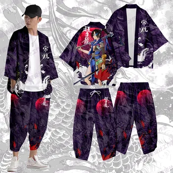 Tradicional Harajuku Streetwear Samurai Casaquinho De Traje Yukata Vintage Japonês StyleCouple Mulheres Homens Quimono Haori Calças Conjunto