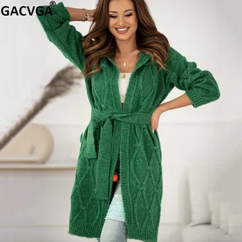 GACVGA 2021 Outono Inverno Casaquinho com Capuz Com Cinto de grandes dimensões Mulheres de Manga Longa Casual Y2k Solta Camisola de Malha de Streetwear