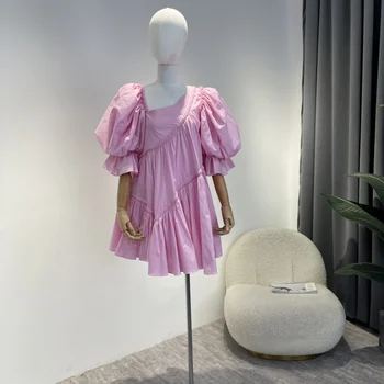 Chegada nova 2023 Verão Top de Algodão de Qualidade Curto Puff Manga Irregular Bainha cor-de-Rosa Solta Mini Vestidos para Mulheres Férias