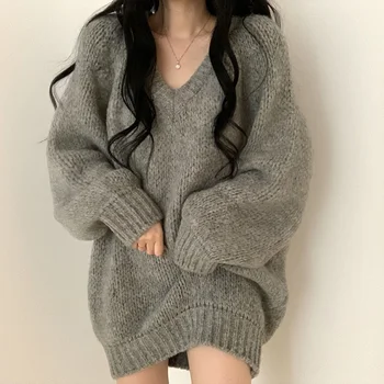 Roupas femininas Cinza Vintage Tricô Camisola de Gola v Manga Longa Simplicidade Casual coreano Moda Folgado Tops Senhoras Outono