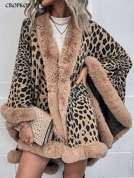 Outono Inverno Gola De Pele Poncho Mulheres Leopardo Da Capes Malha Quente Long Cardigan Elegante Casaco Novo Em Outwears 2022