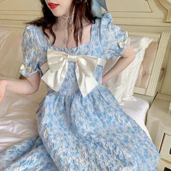 Verão Azul Vestido De Princesa Mulheres Coreano Chique Arco Kawaii Elegante Vestido Floral Feminino Japonês Casual De Fadas Festa Doce Vestido De 2021
