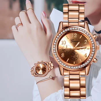 Reloj Mujer 2019 Mulheres Relógios Clássicos De Genebra De Luxo, Relógios De Senhoras Mulheres De Aço Cheia De Cristal De Relógio Feminino Metal Relógio De Pulso