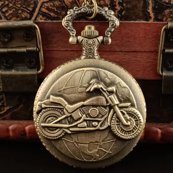 Bronze antigo 3D Motorcycle Autocycle Autobike Padrão de Quartzo Relógio de Bolso Colar Pingente Cadeia de Dom Reloj De Bolsillo